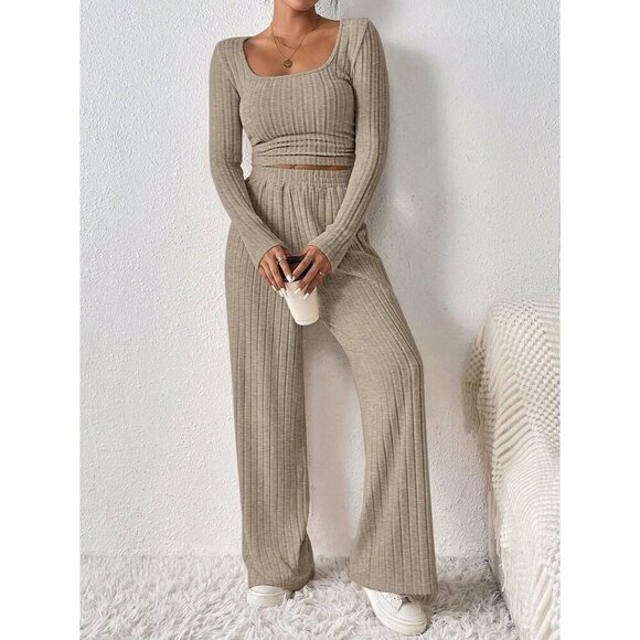 2 piece set: ribbed knit long sleeve tee & elastic waist pants lounge gray - Picture 7 of 9